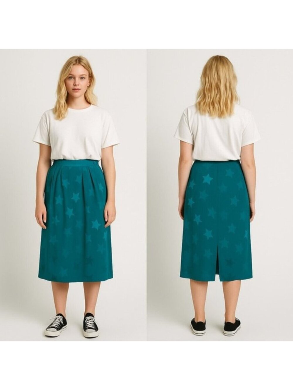 Vintage 100% Silk Star Print Midi Skirt Teal